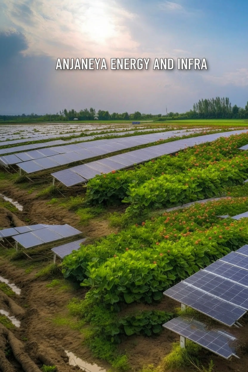 Premium solar panel installation with wind turbines at sunset — clean energy solutions by ANJANEYA ENERGY AND INFRA across Chhattisgarh
